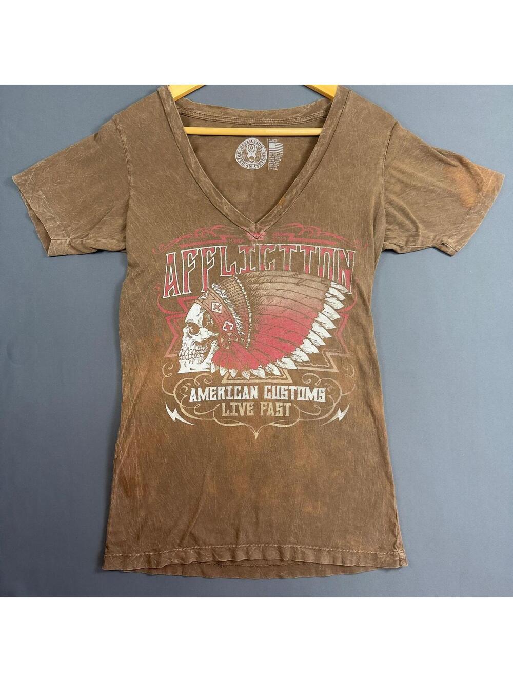 Affliction Y2K Graphic V-Neck Brown Size L T-Shirt Washed Brown Large